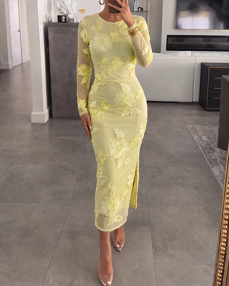 Embroidered Floral Slit Midi Dress