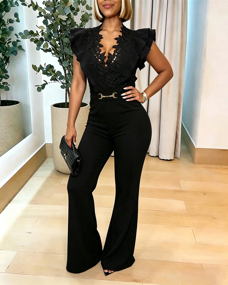 Lace V-Neck Ruffle Jumpsuit