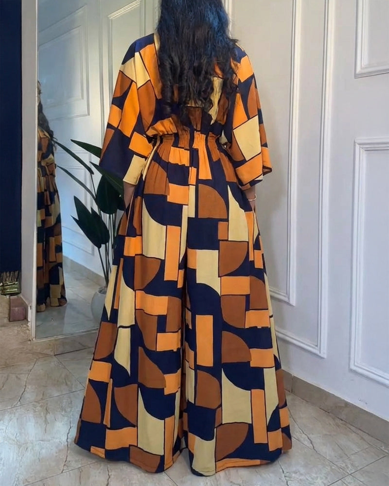 Colorblock Geometric V-Neck Jumpsuit