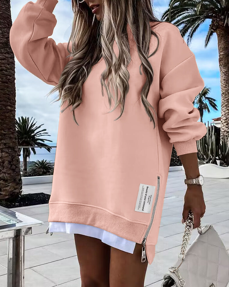 Drop-Shoulder Slit Zip Sweatshirt