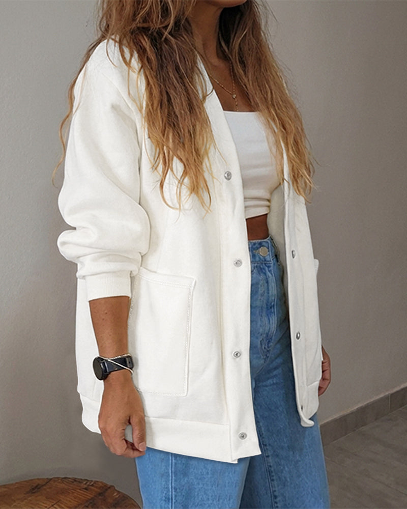 Snap-Button V-Neck Drop-Shoulder Cardigan