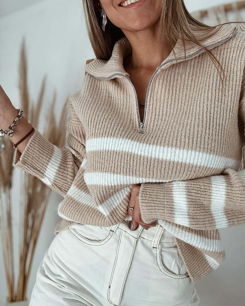 Colorblock Striped Half-Zip Sweater