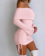 Off-Shoulder Ruched Drawstring Mini Dress