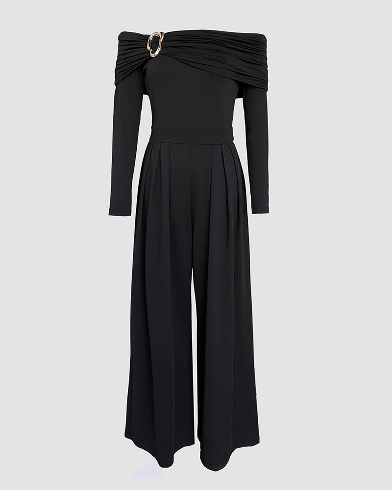 Off-Shoulder Ruched Wide-Leg Jumpsuit