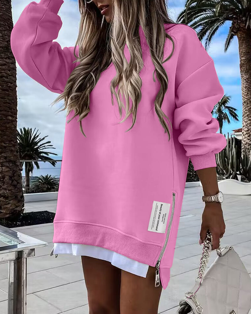 Drop-Shoulder Slit Zip Sweatshirt