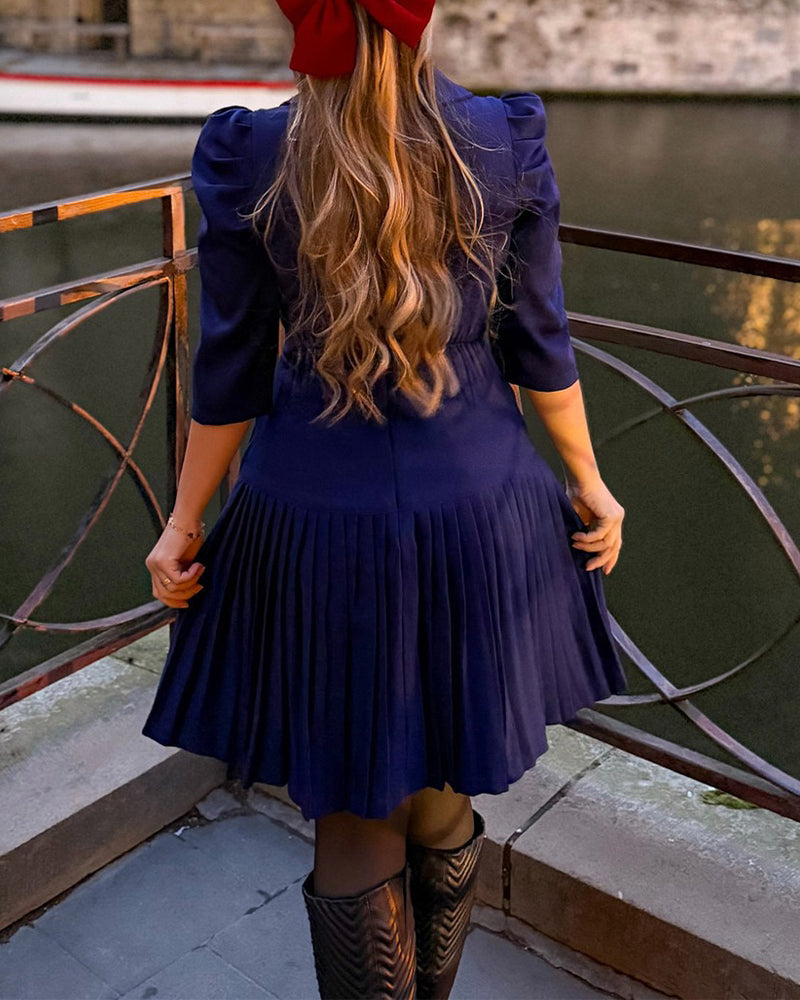 Puff-Sleeve Asymmetrical Pleated Dress — Noélla Montréal