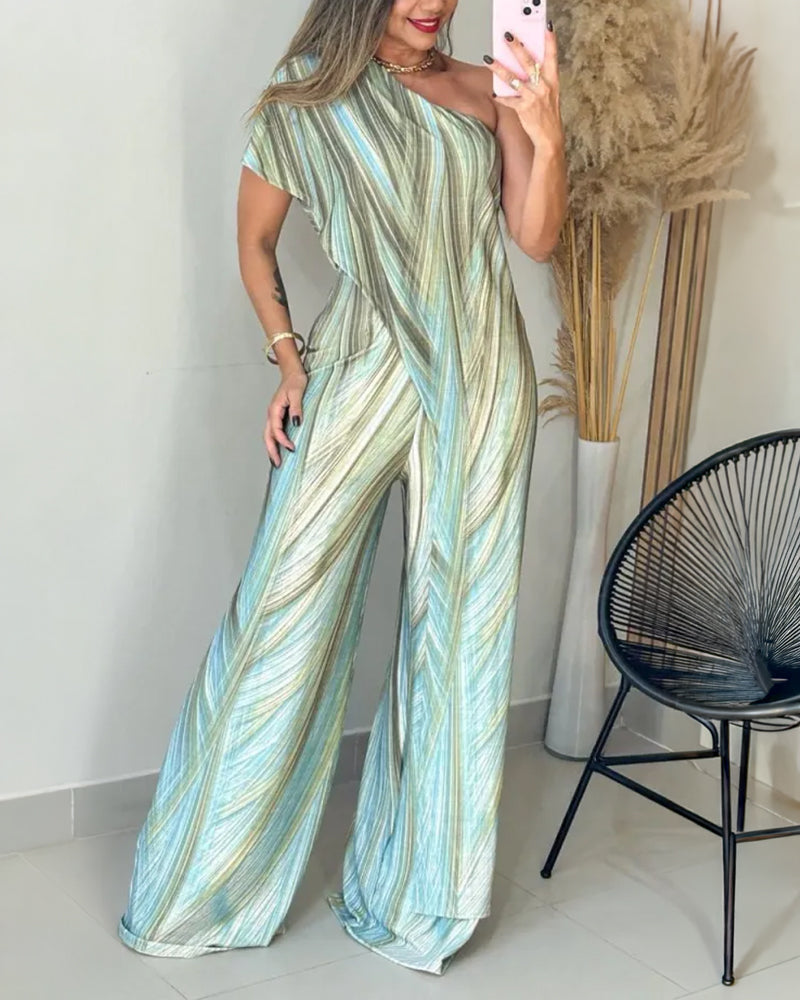 Colorblock Abstract-Print One-Shoulder Jumpsuit