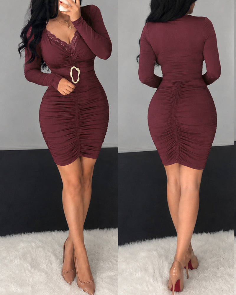 Lace V-Neck Ruched Mini Dress