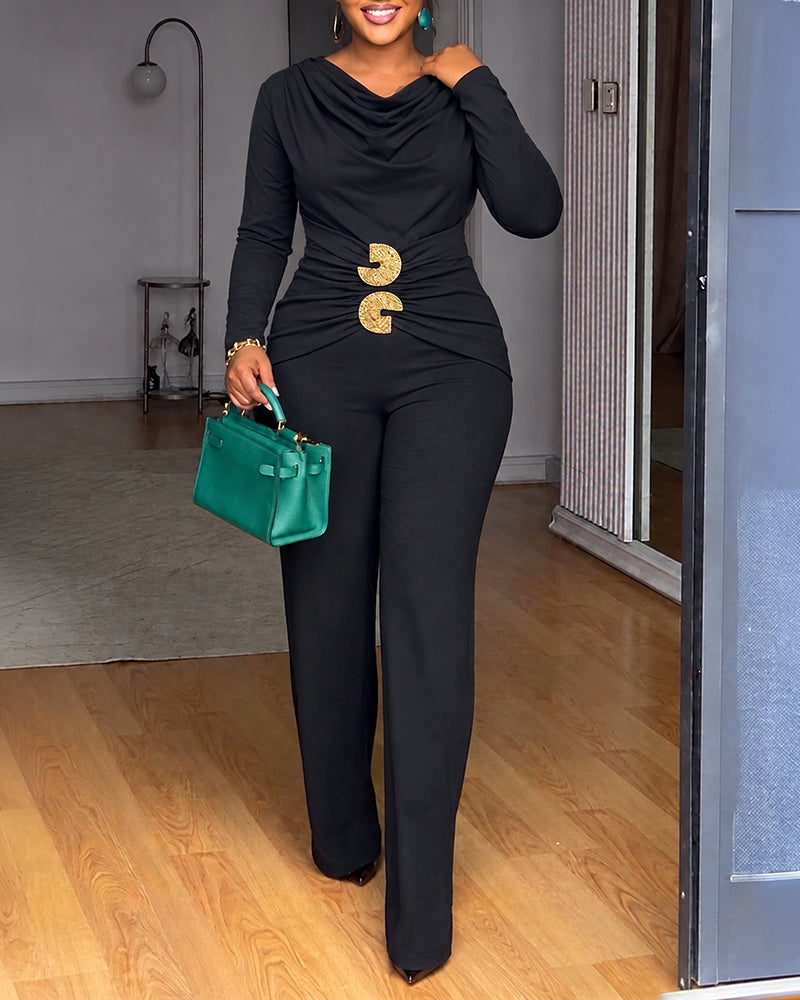 Cowl-Neck Ruched Buckle Jumpsuit