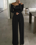 Off-Shoulder Ruched Wide-Leg Jumpsuit