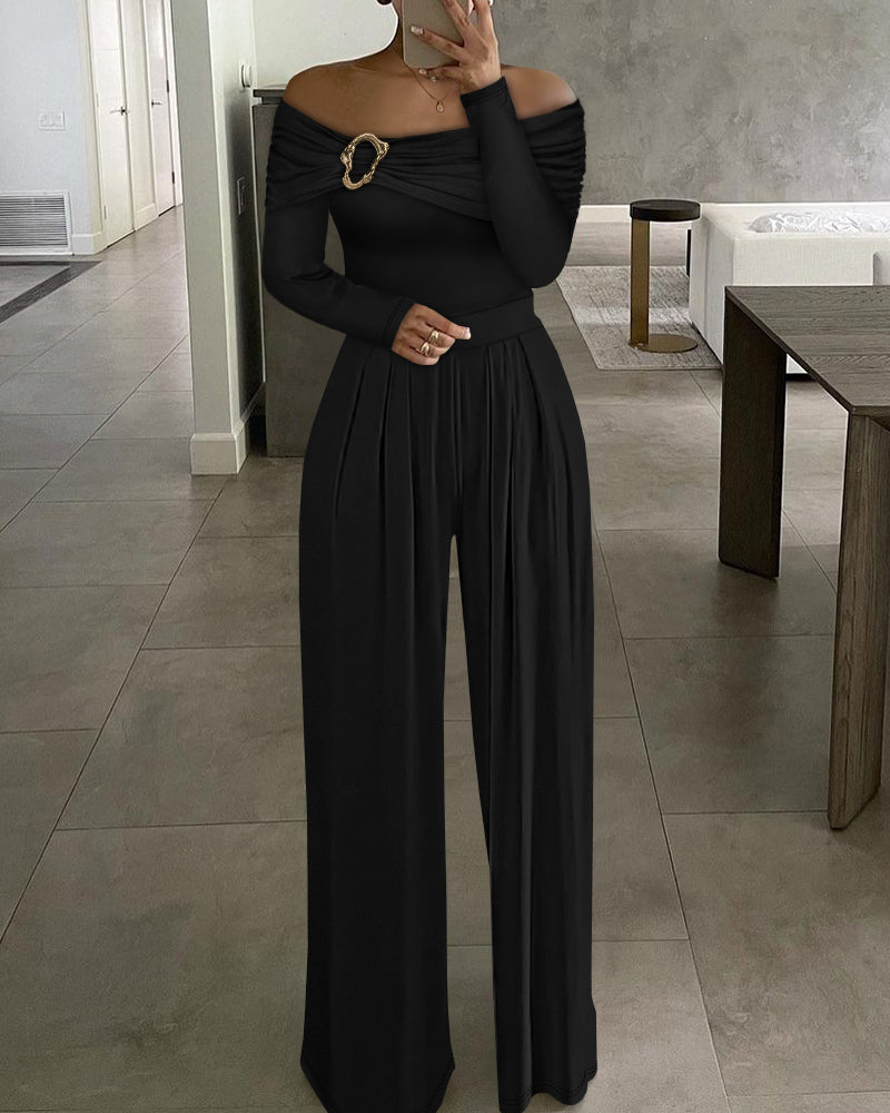 Off-Shoulder Ruched Wide-Leg Jumpsuit