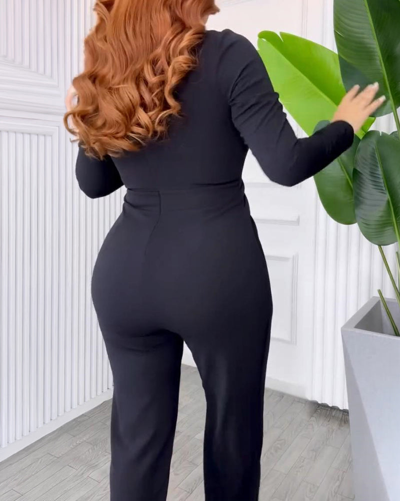 V-Neck Wide-Leg Contrast Jumpsuit — Noélla Montréal