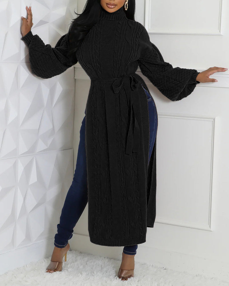 Textured Lantern-Sleeve High-Neck Sweater