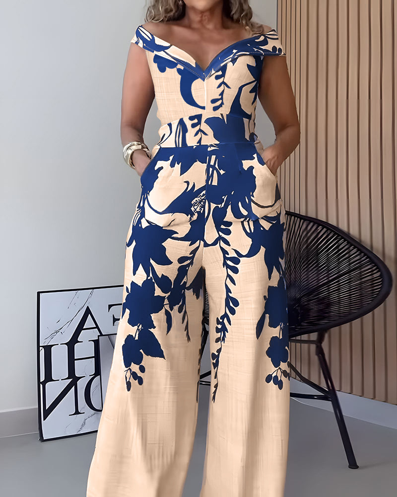 Floral Off-Shoulder V-Neck Jumpsuit