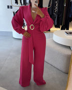 Lantern-Sleeve V-Neck Wide-Leg Jumpsuit