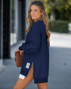Drop-Shoulder Slit Zip Sweatshirt