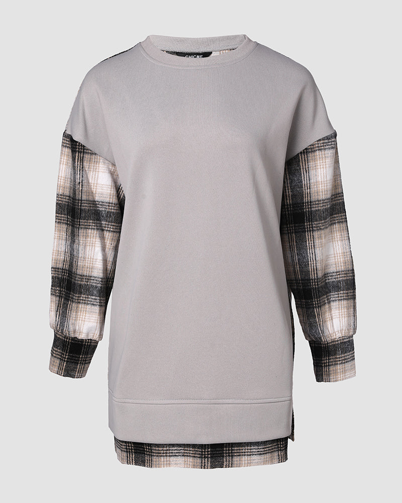 Plaid Drop-Shoulder Slit Sweatshirt
