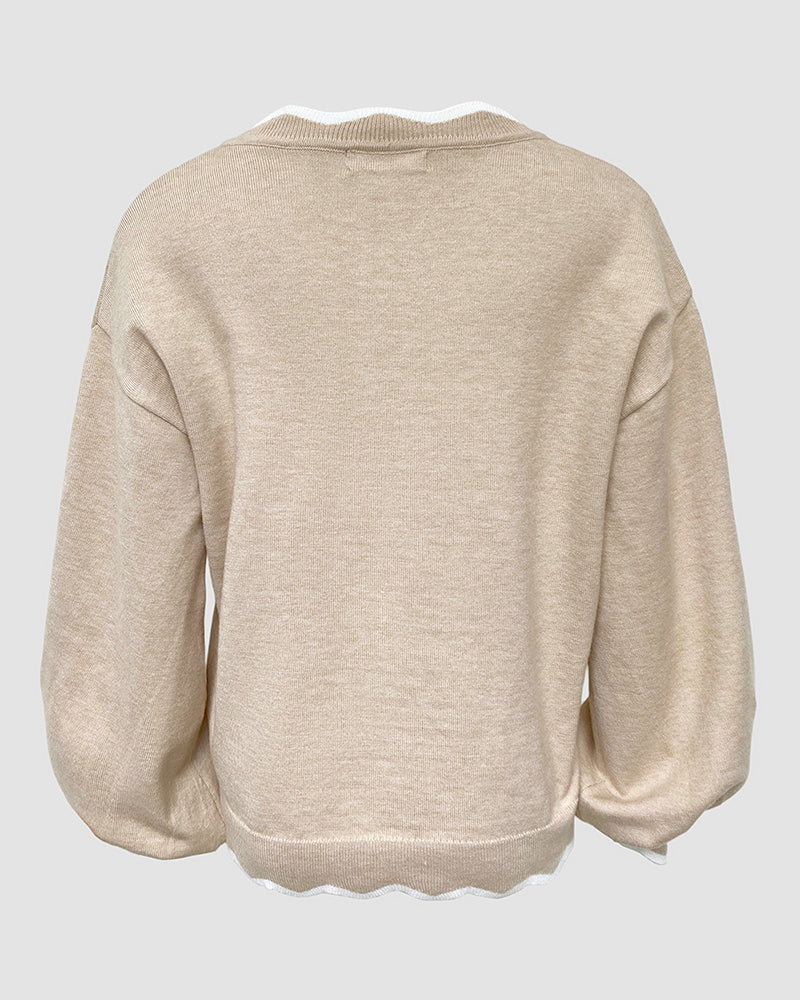 Lantern-Sleeve V-Neck Scallop-Trim Sweater — Noélla Montréal