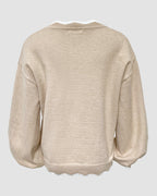 Lantern-Sleeve V-Neck Scallop-Trim Sweater — Noélla Montréal