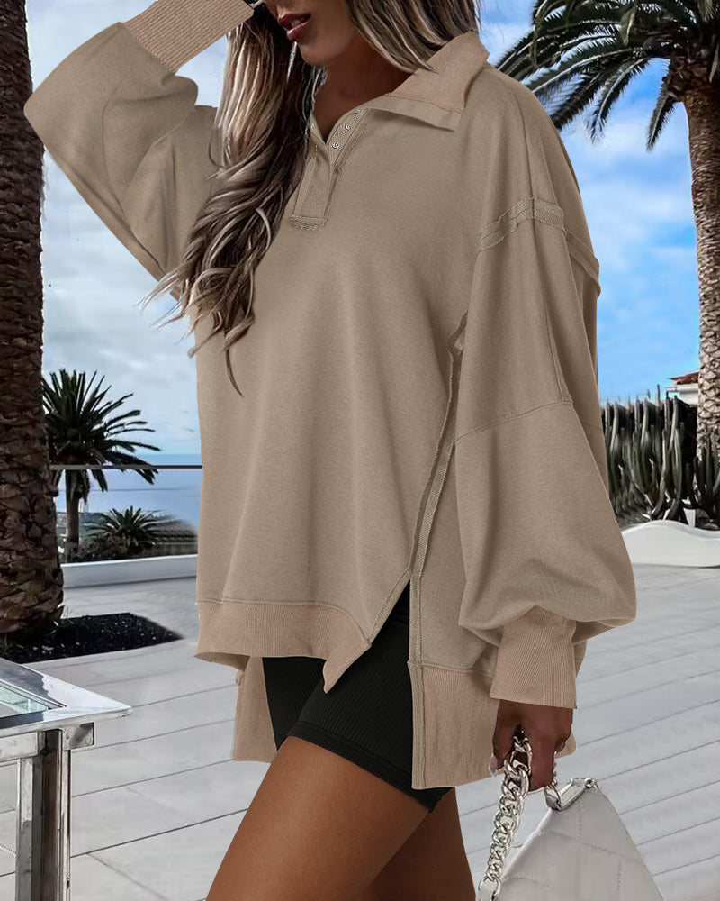 Snap-Button Drop-Shoulder Slit Sweatshirt