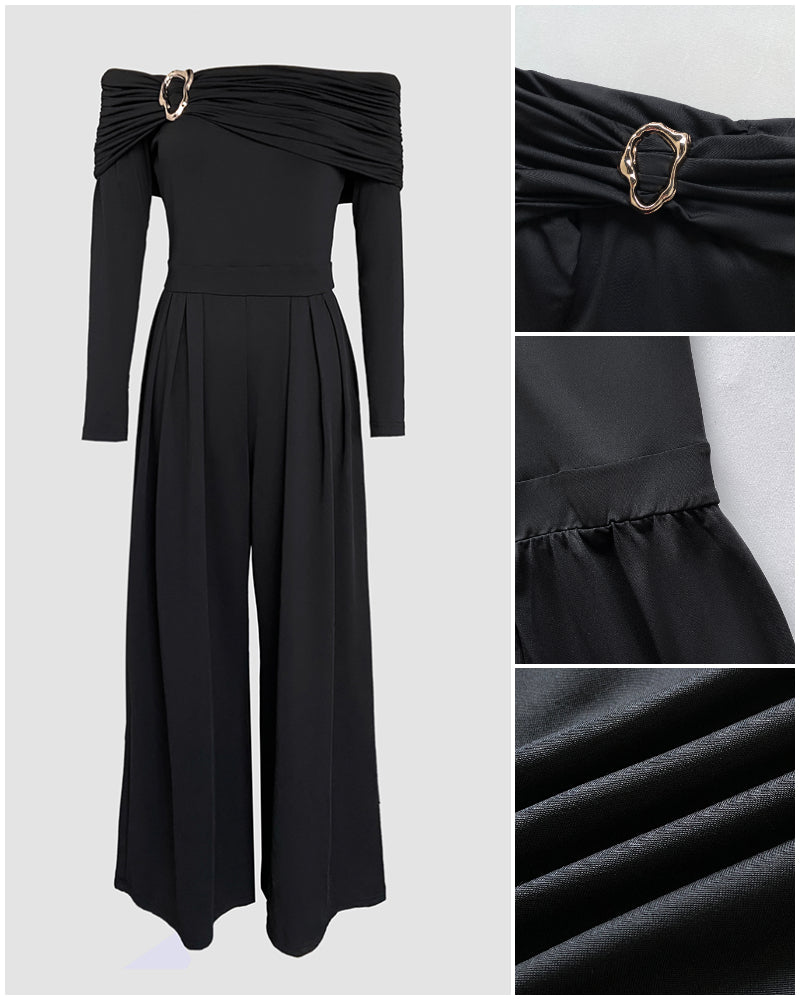 Off-Shoulder Ruched Wide-Leg Jumpsuit