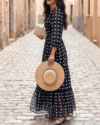 Chiffon Button-Up Lantern-Sleeve Maxi Dress