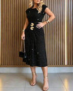 Ruched Slit Buckle Midi Dress
