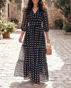 Chiffon Button-Up Lantern-Sleeve Maxi Dress