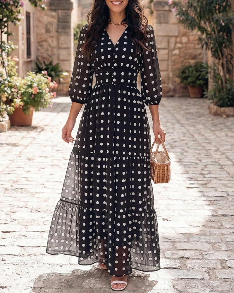 Chiffon Button-Up Lantern-Sleeve Maxi Dress