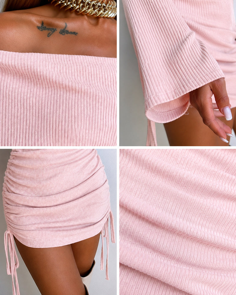Off-Shoulder Ruched Drawstring Mini Dress