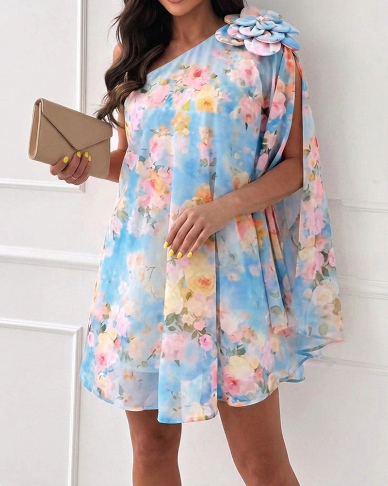 Floral Chiffon One-Shoulder Mini Dress