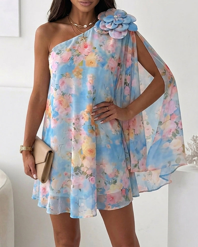 Floral Chiffon One-Shoulder Mini Dress