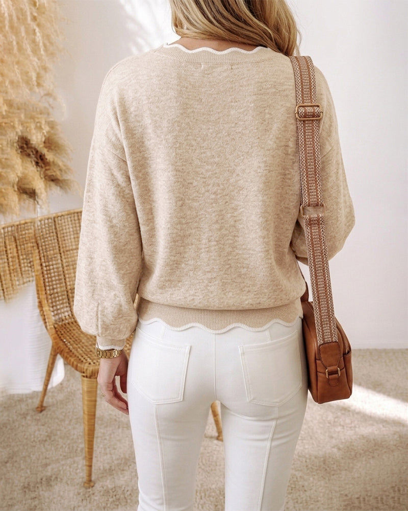 Lantern-Sleeve V-Neck Scallop-Trim Sweater
