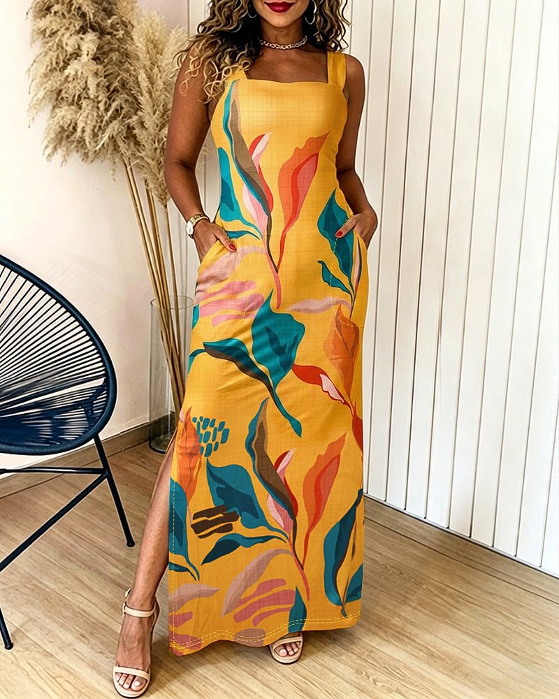 Square-Neck Pocket Slit Maxi Dress