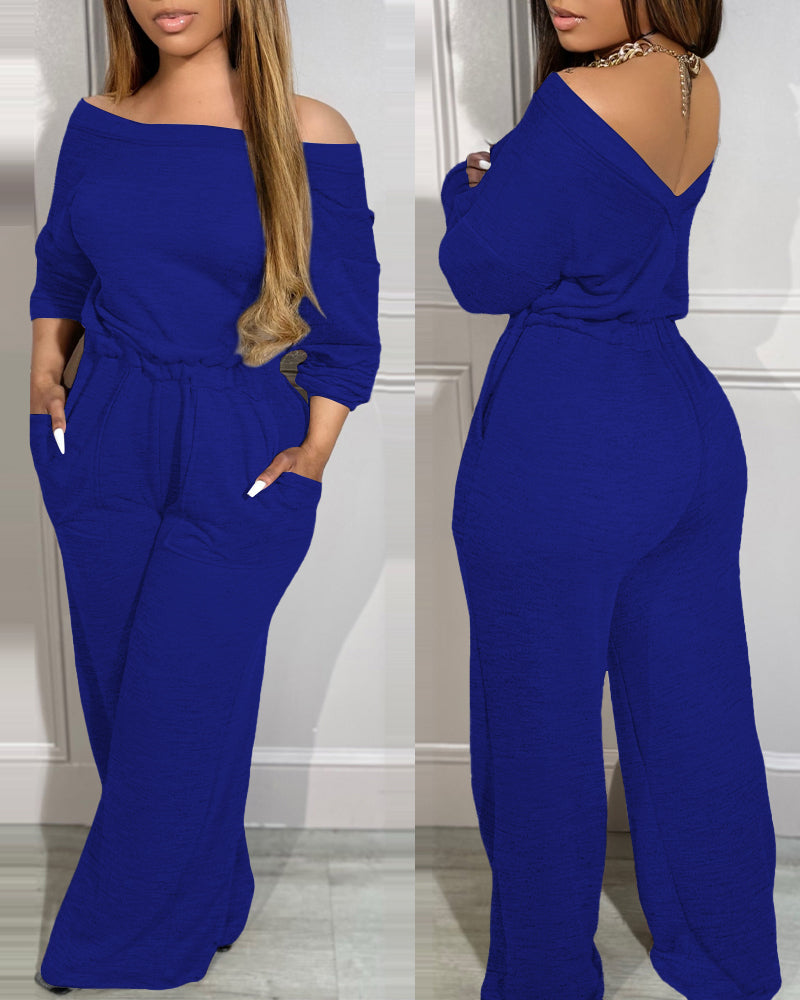 Off-Shoulder Wide-Leg Drop-Shoulder Jumpsuit