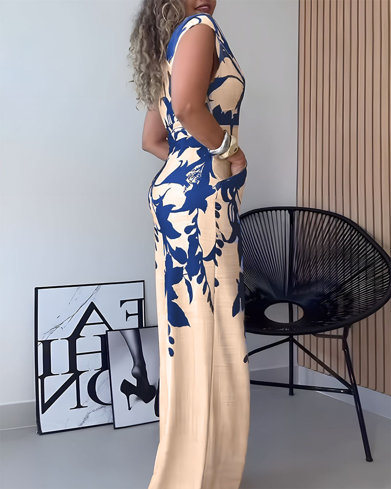 Floral Off-Shoulder V-Neck Jumpsuit