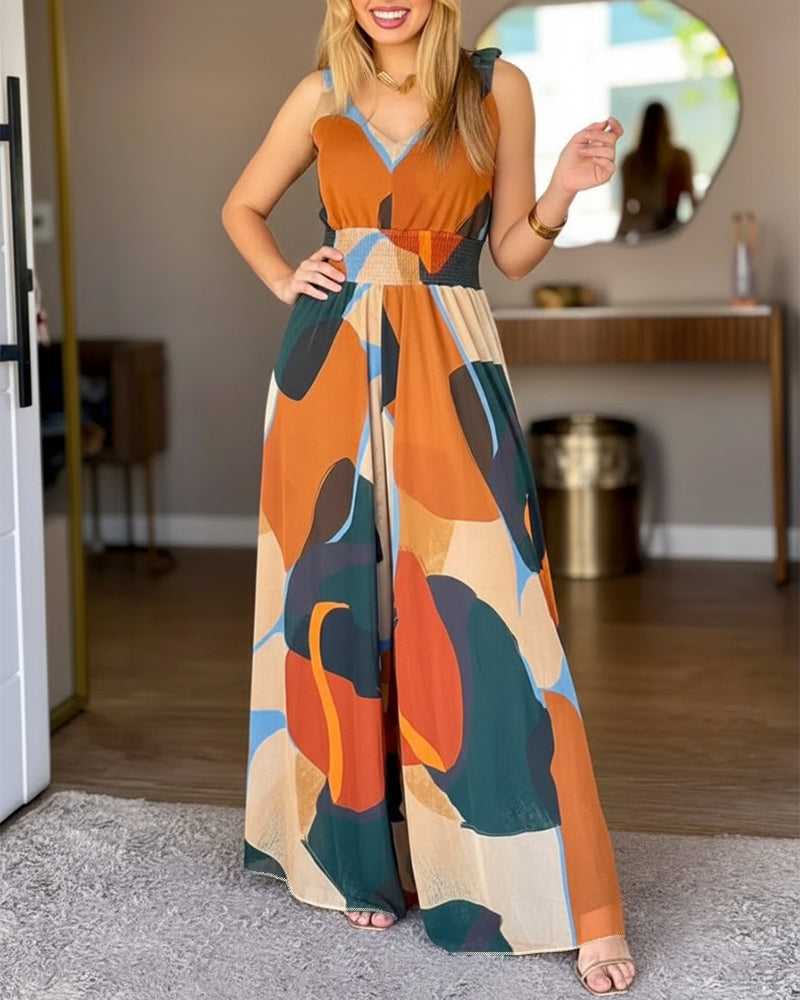 Abstract-Print V-Neck Backless Jumpsuit