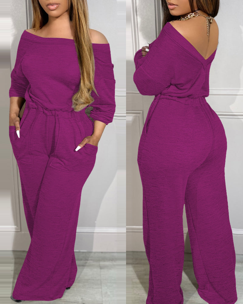 Off-Shoulder Wide-Leg Drop-Shoulder Jumpsuit