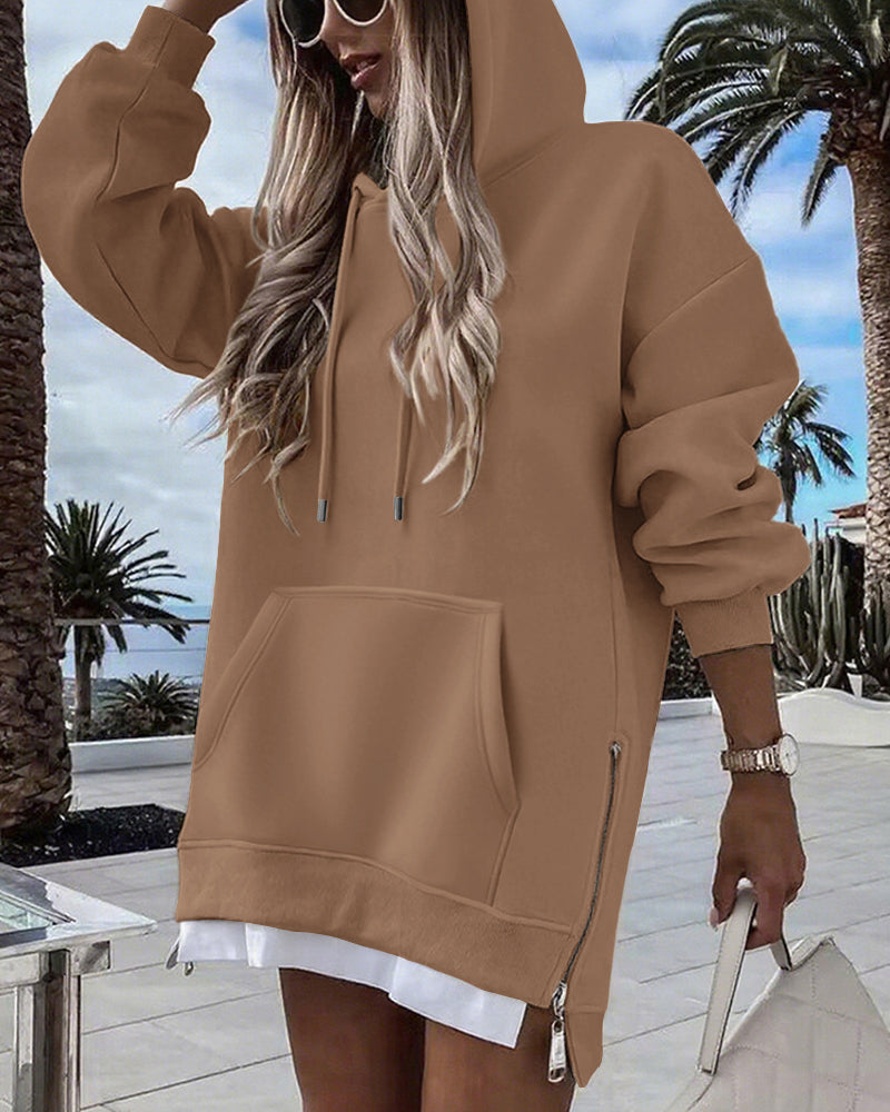 Drawstring Pocket Slit Hoodie