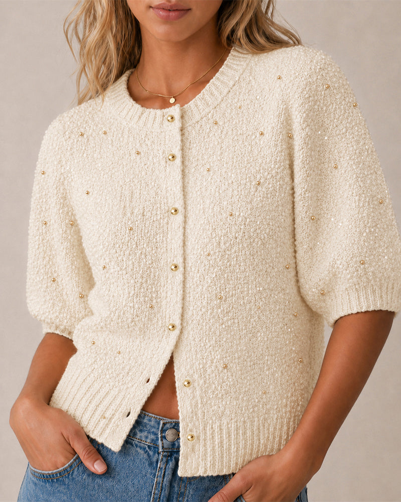 Bouclé Beaded Button-Up Cardigan