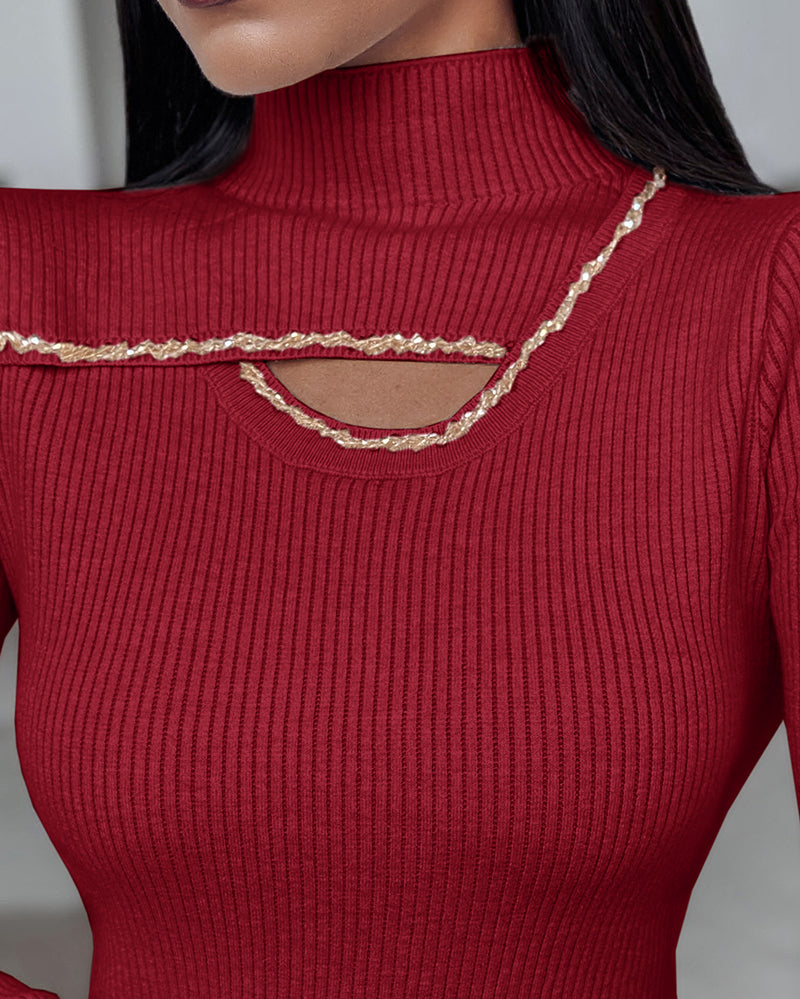 Beaded High-Neck Cutout Sweater