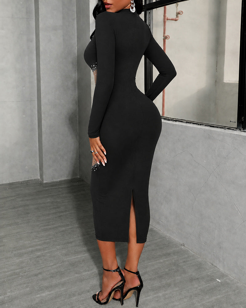 Rhinestone Mock-Neck Slit Midi Dress — Noélla Montréal