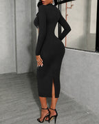 Rhinestone Mock-Neck Slit Midi Dress — Noélla Montréal