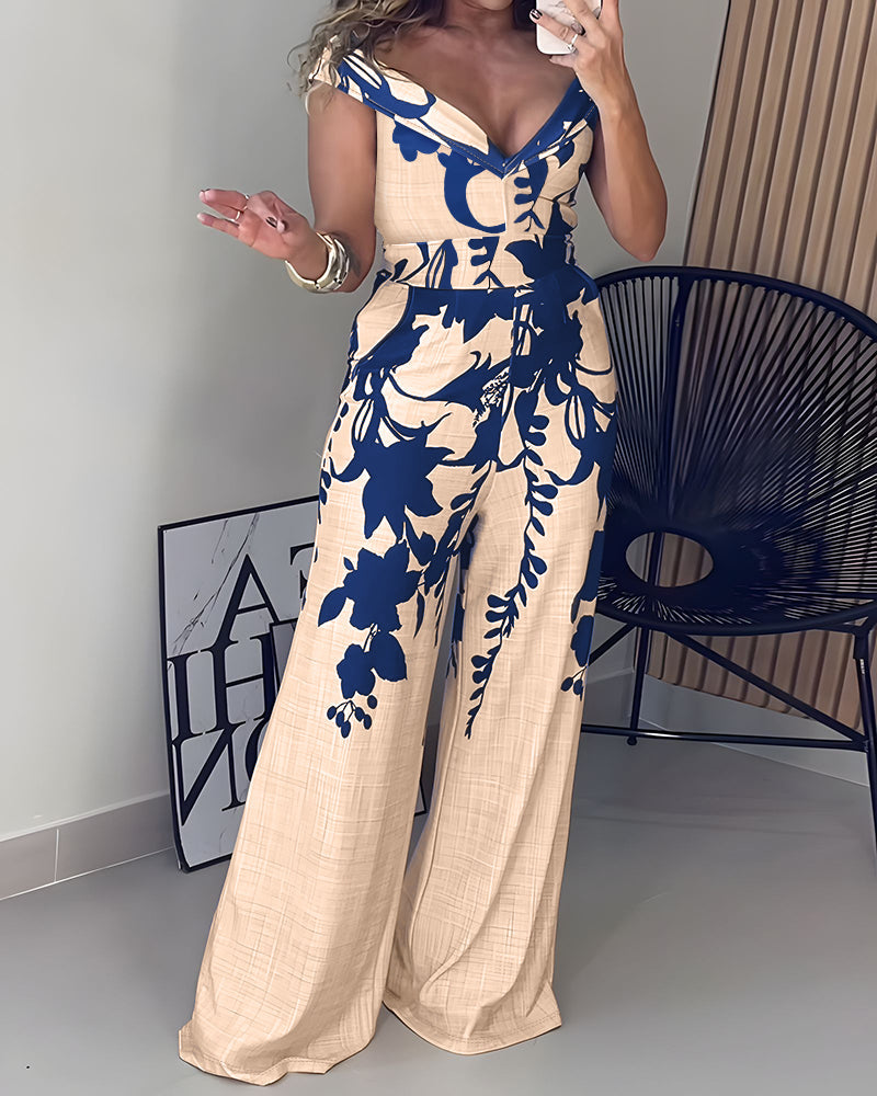 Floral Off-Shoulder V-Neck Jumpsuit