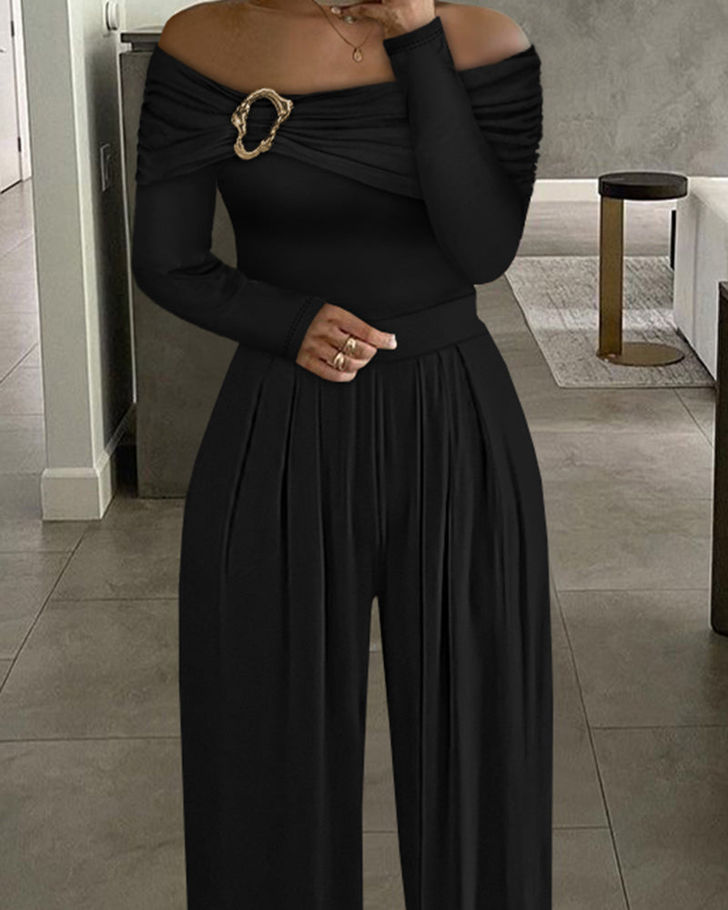 Off-Shoulder Ruched Wide-Leg Jumpsuit