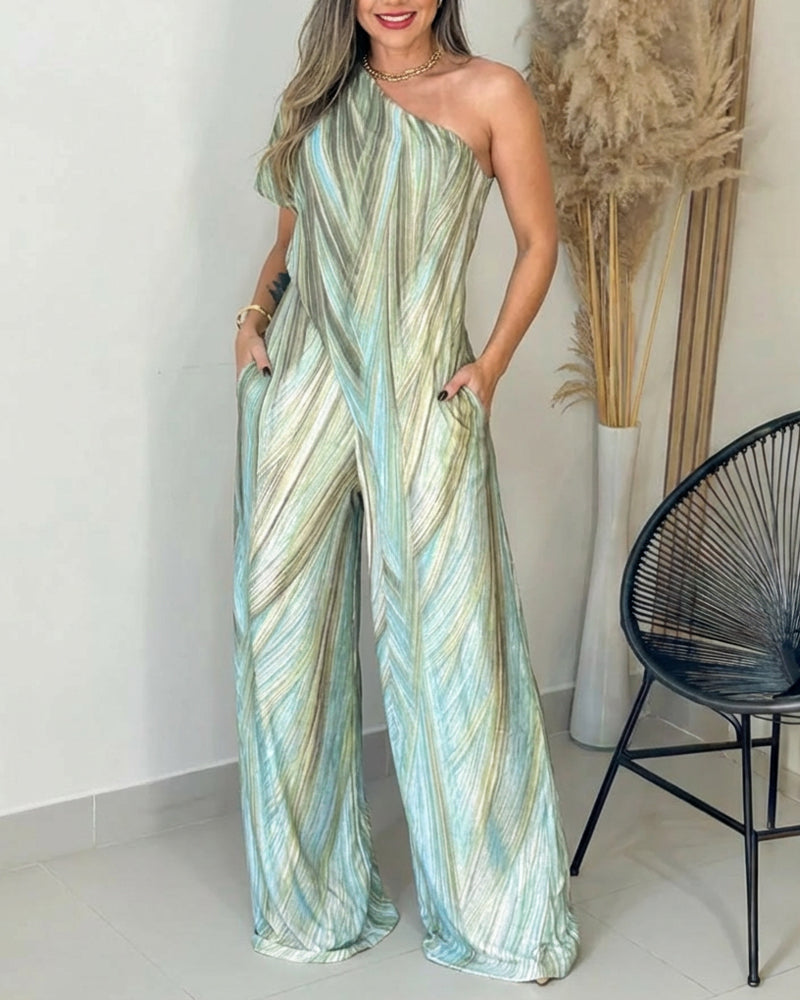 Colorblock Abstract-Print One-Shoulder Jumpsuit