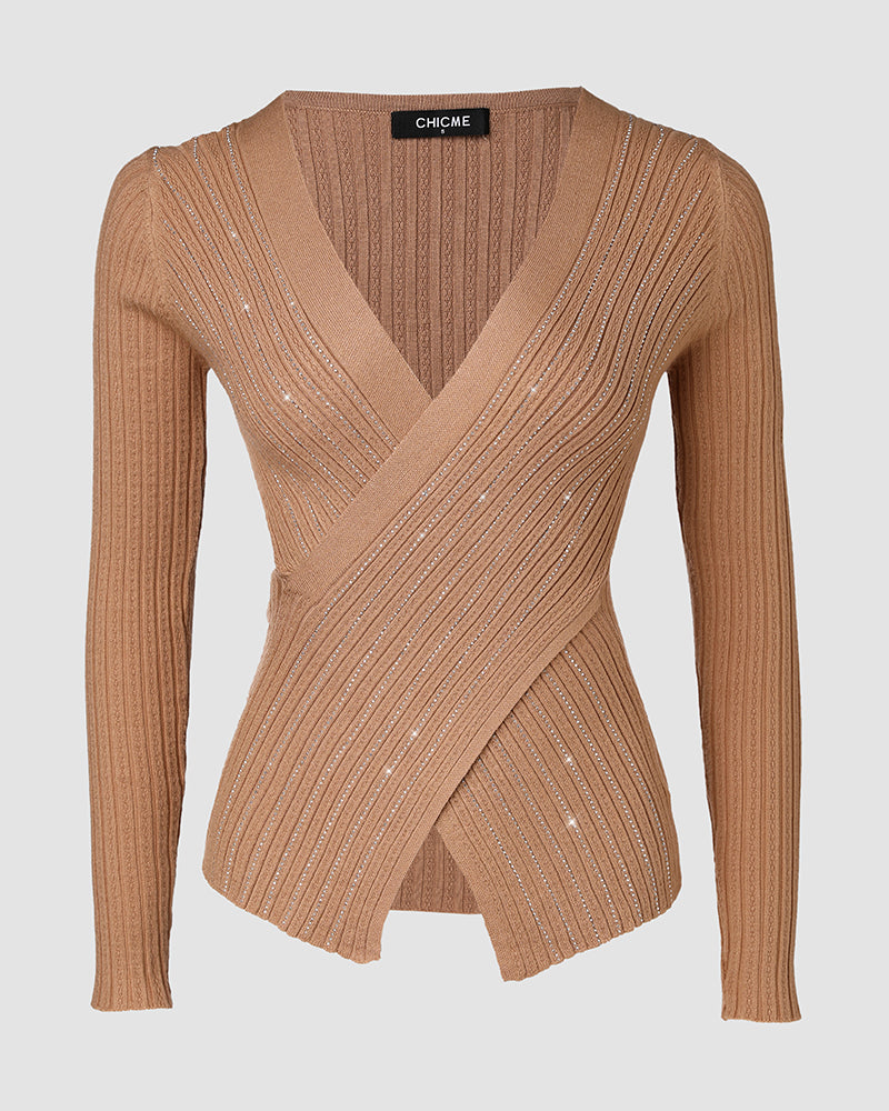 Rhinestone Textured V-Neck Sweater