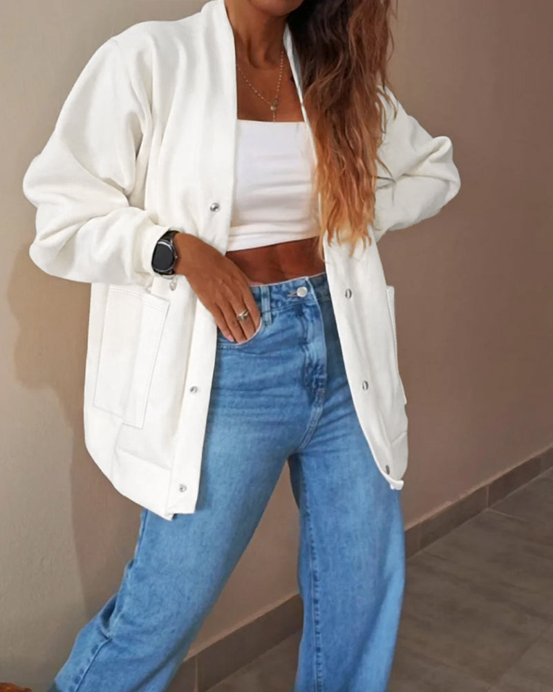 Snap-Button V-Neck Drop-Shoulder Cardigan