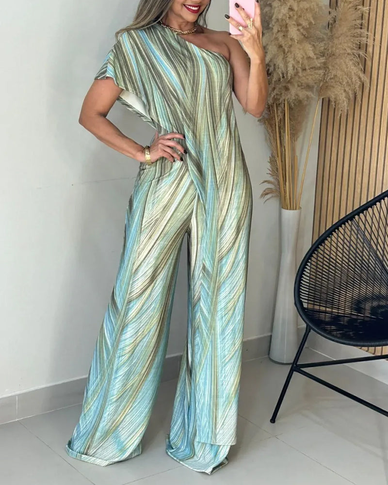 Colorblock Abstract-Print One-Shoulder Jumpsuit
