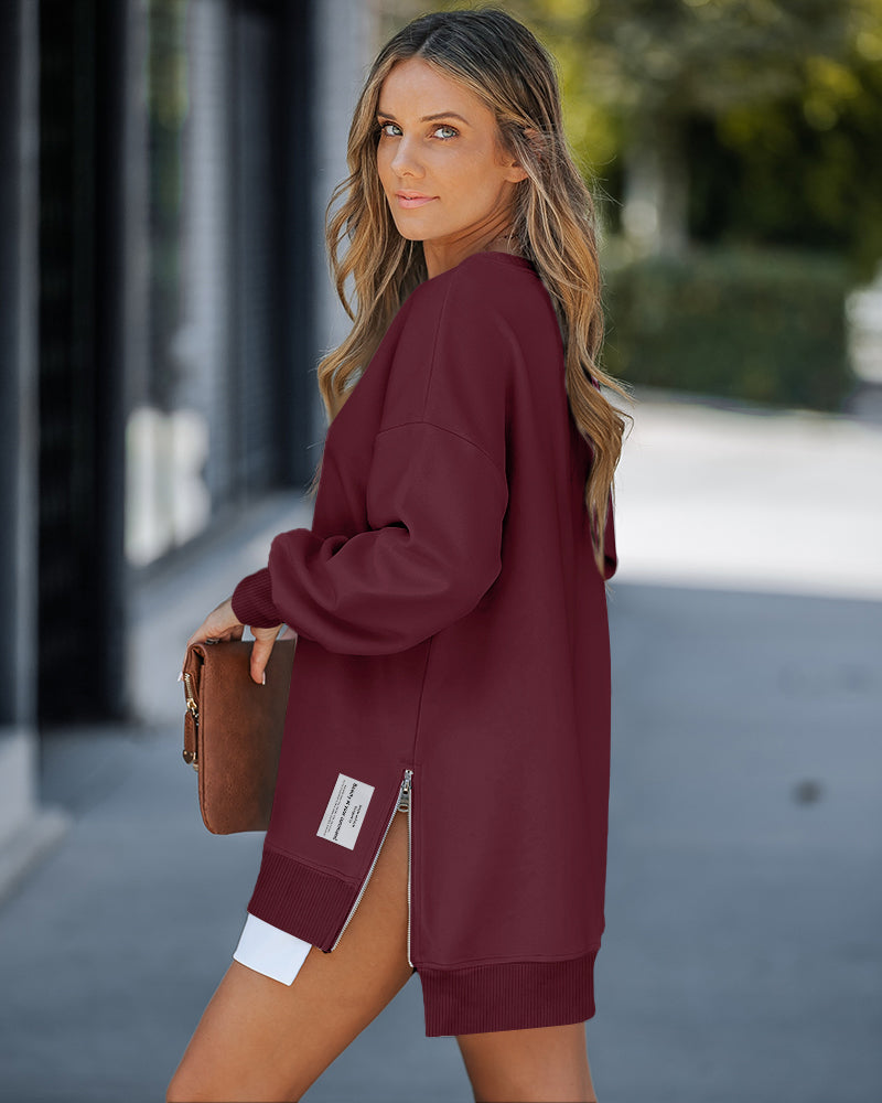 Drop-Shoulder Slit Zip Sweatshirt